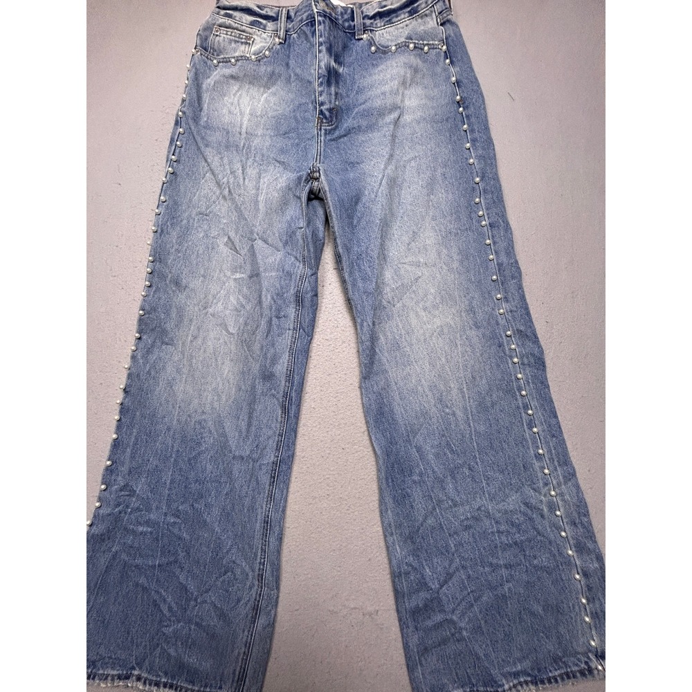Fashion Nova Wide Leg Jeans 100% Cotton Blue Pearl Trim Size 11 Womens